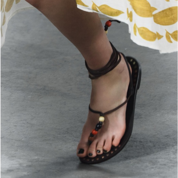 NWT Zara Woman BEADED LACE UP LEATHER SANDALS Shoes Size 8 - Picture 3 of 13